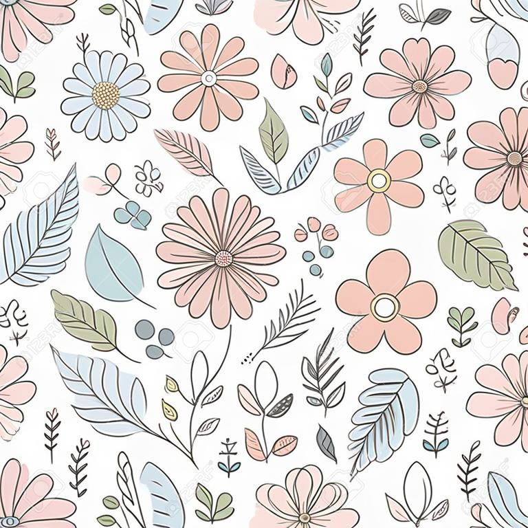 Vector floral pattern in doodle style with flowers and leaves. Feminine, spring floral seamless background in pastel colors.