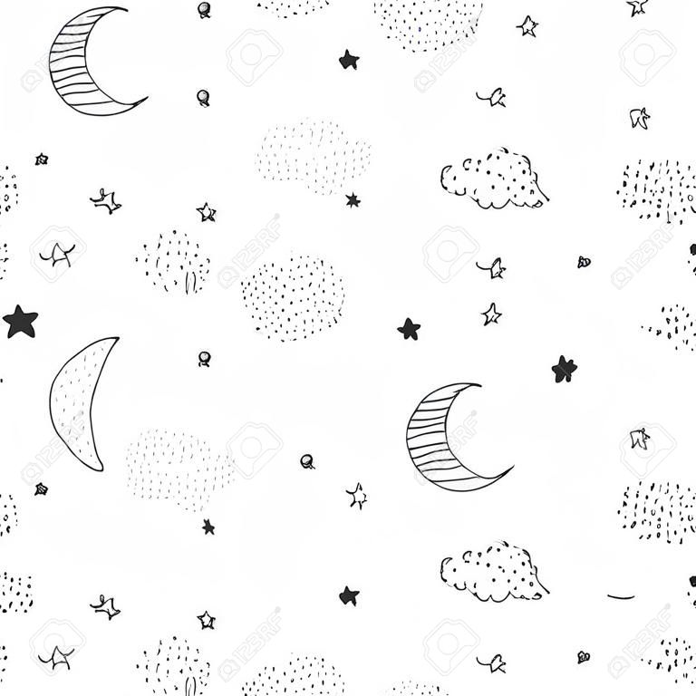 Hand drawn night sky vector pattern with linead doodle moon, stars and clouds. Cute night sky seamless background.