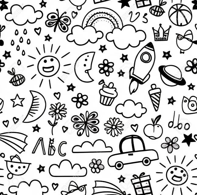 Kids doodle pattern. Childrens pattern in black and white. Baby and children related objects and design elements. Seamless vector background.