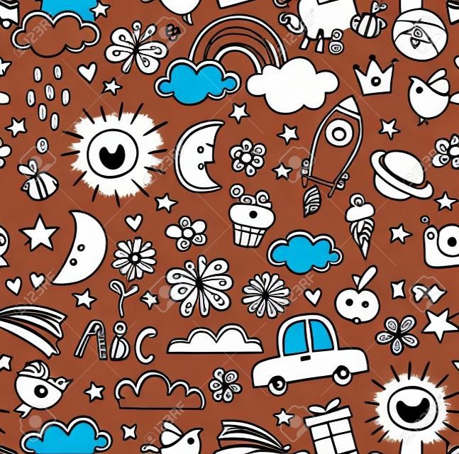 Kids doodle pattern. Childrens pattern in black and white. Baby and children related objects and design elements. Seamless vector background.