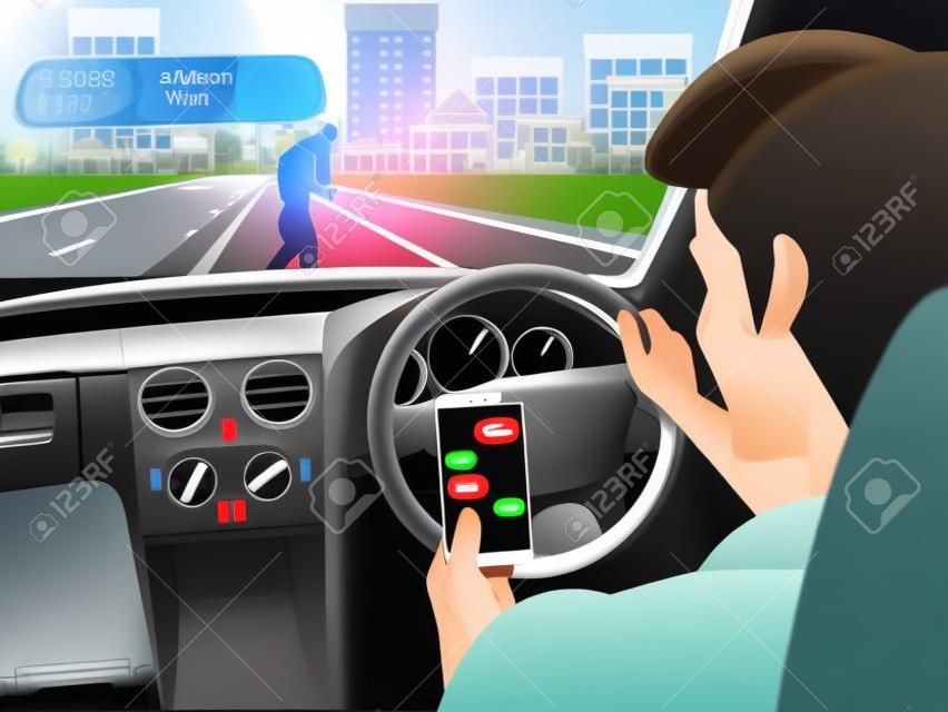 транспорт и концепция транспортного средства - человек, с помощью смарт-телефона во время вождения автомобиля, когда женщина и ее сын, пересекающие дорогу