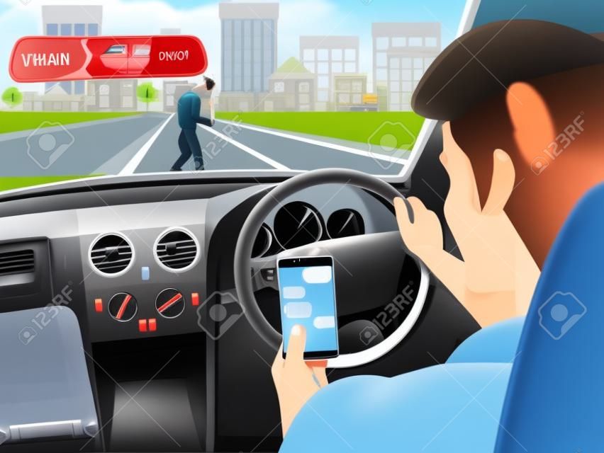 transportation and vehicle concept - man using smart phone while driving the car when woman and her son are crossing the road