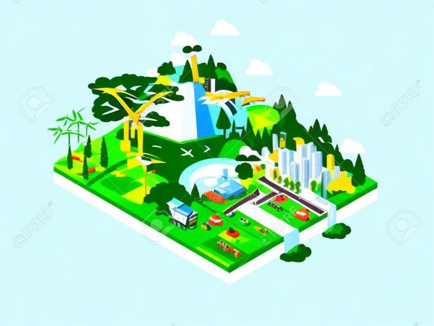 ilustracja wektorowa izometryczny projekt koncepcji ekologii nowoczesnego miasta z naturą, koncepcja przyszłości świata energii odnawialnej, przyjazne dla środowiska miasto.