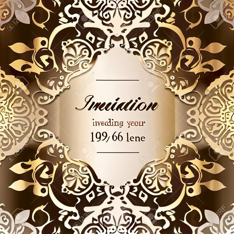 Gold Wedding Invitation card template design with damask pattern on silky background. Lacy intricate textile effect.