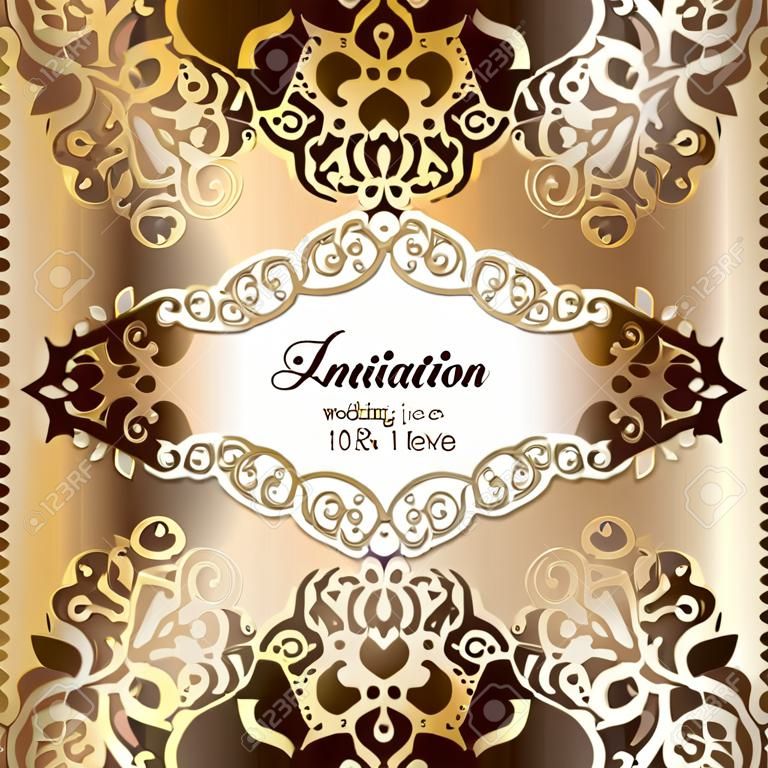 Gold Wedding Invitation card template design with damask pattern on silky background. Lacy intricate textile effect.