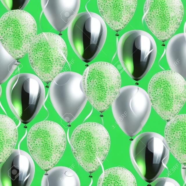 Seamless pattern made of shiny green realistic 3D helium balloons for your design. Glossy balloons with glitter and ribbon, perfect decoration for birthday party brochures, invitation card or baby shower.