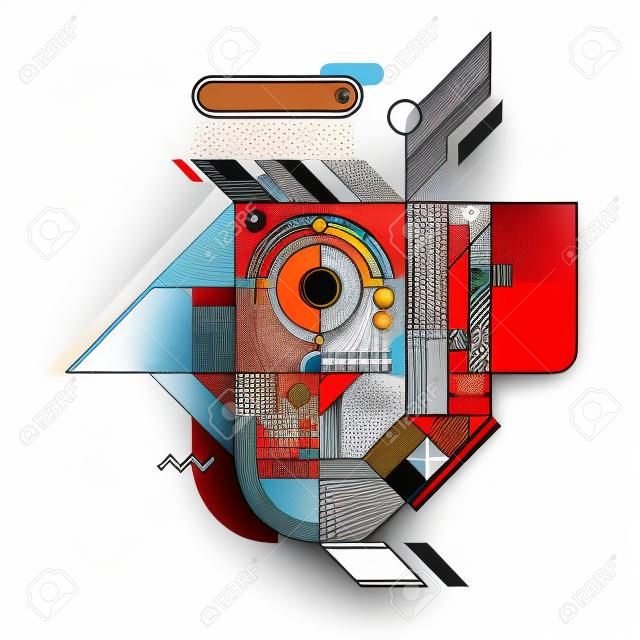Geometric illustration with rooster's head. Style of abstract art, constructivism and modern graffiti. Useful for prints and covers, design element is isolated on white background.