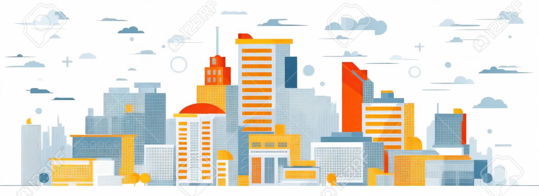 Stad illustratie. Torens en gebouwen in moderne platte stijl op witte achtergrond