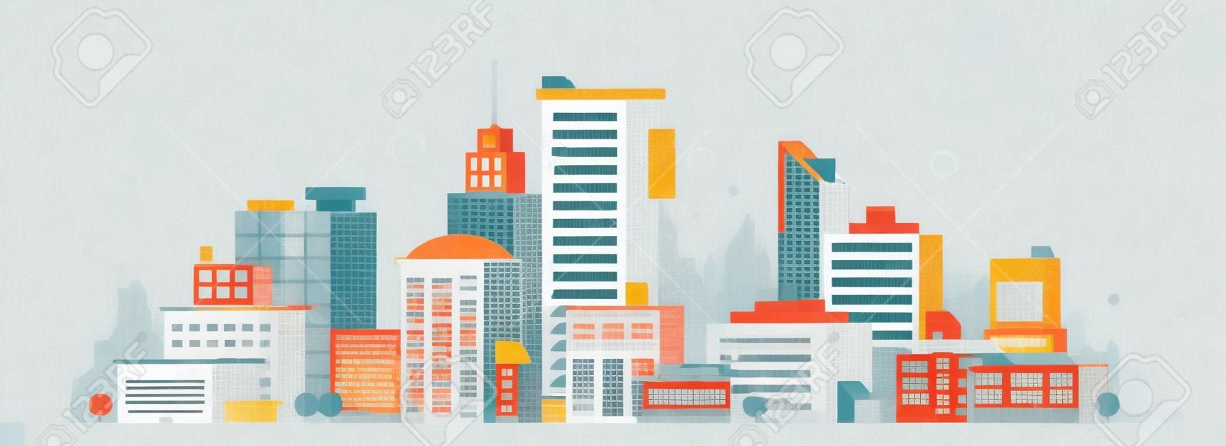 City illustration. Towers and buildings in modern flat style on white background