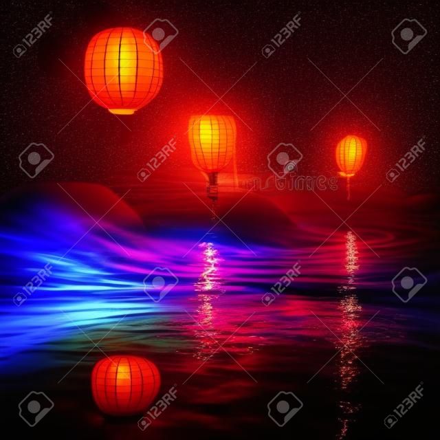 Oriental lanterns flying over the water. reflection of neon lights in water. Romantic evening, lights, night, bokeh. The magical atmosphere of a cozy evening in nature. 3D illustration.