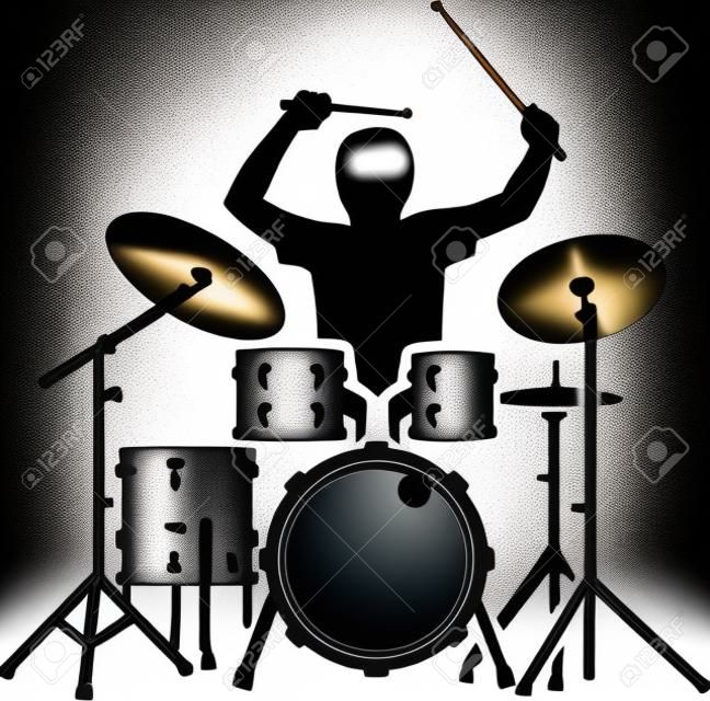 Drum kit with drummer in action