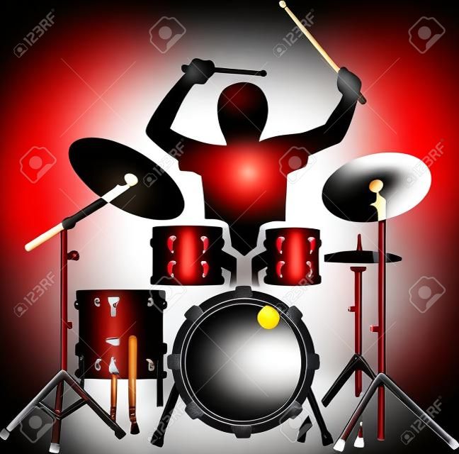 Drum kit with drummer in action