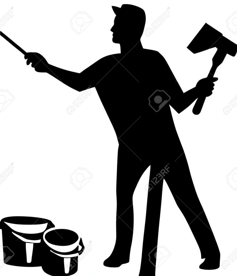 Painter silhouette with roller and paint buckets