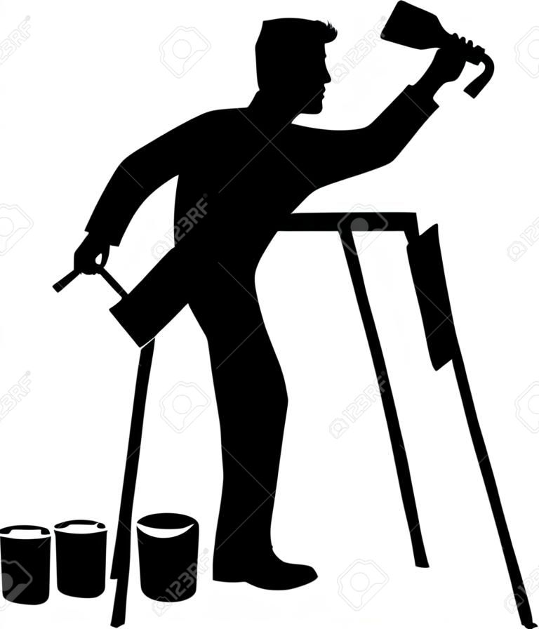 Painter silhouette with roller and paint buckets