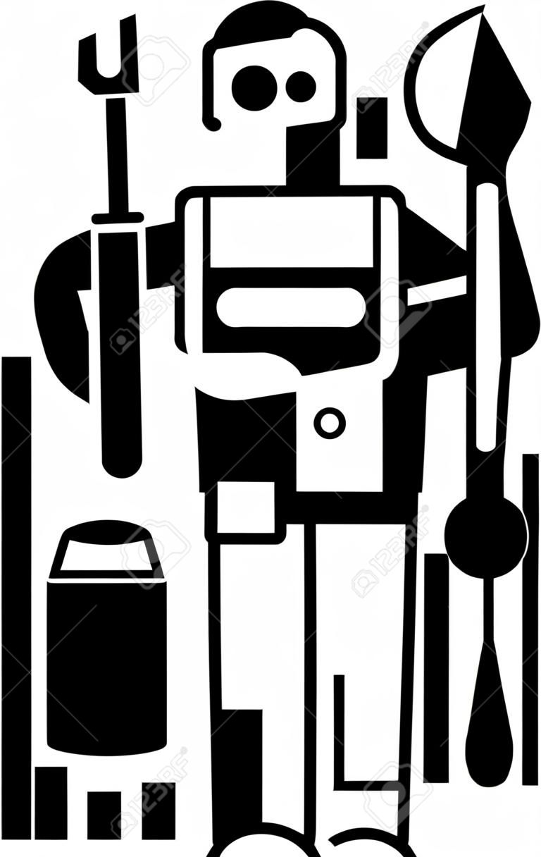 Pittogramma del bidello in bianco e nero con strumenti e cassetta degli attrezzi.