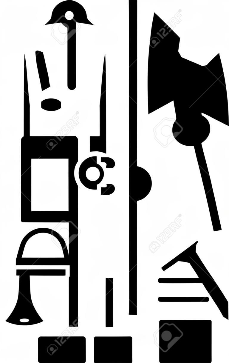 Janitor pictogram black and white with tools and toolbox.