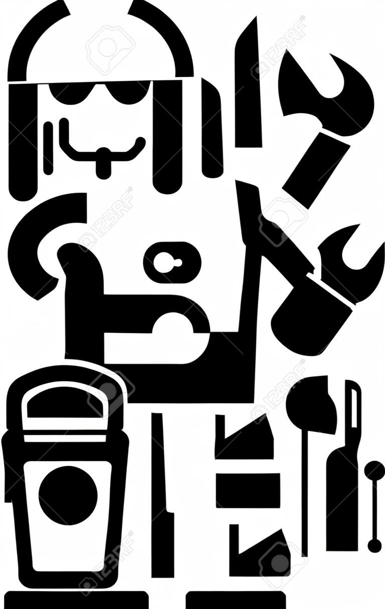 Pictograma do guarda de serviço preto e branco com ferramentas e caixa de ferramentas.