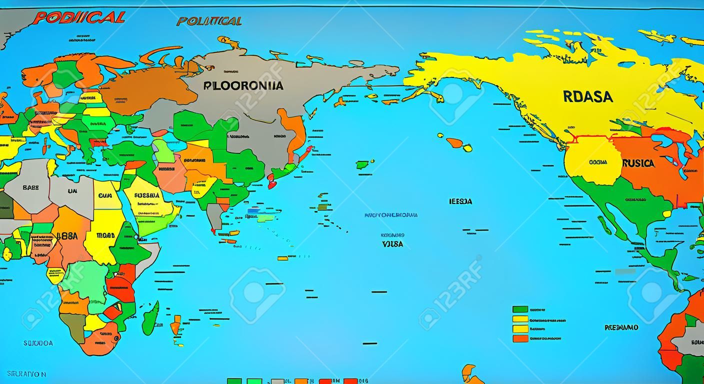 Political world map on ocean blue background with every state labeled and selectable labeled in Layers panel also Versatile file turn on an off visibility and color of each country in one click  