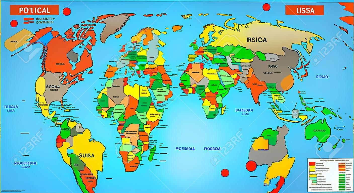 Mapa do mundo político no fundo azul oceânico com todos os estados rotulados e selecionáveis rotulados no painel Camadas também O arquivo versátil liga uma visibilidade e cor de cada país em um clique