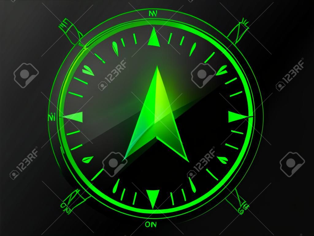 Streszczenie zielone kompas z 3 D strzałka wskaźnika w środku, samodzielnie na ciemnym tle
