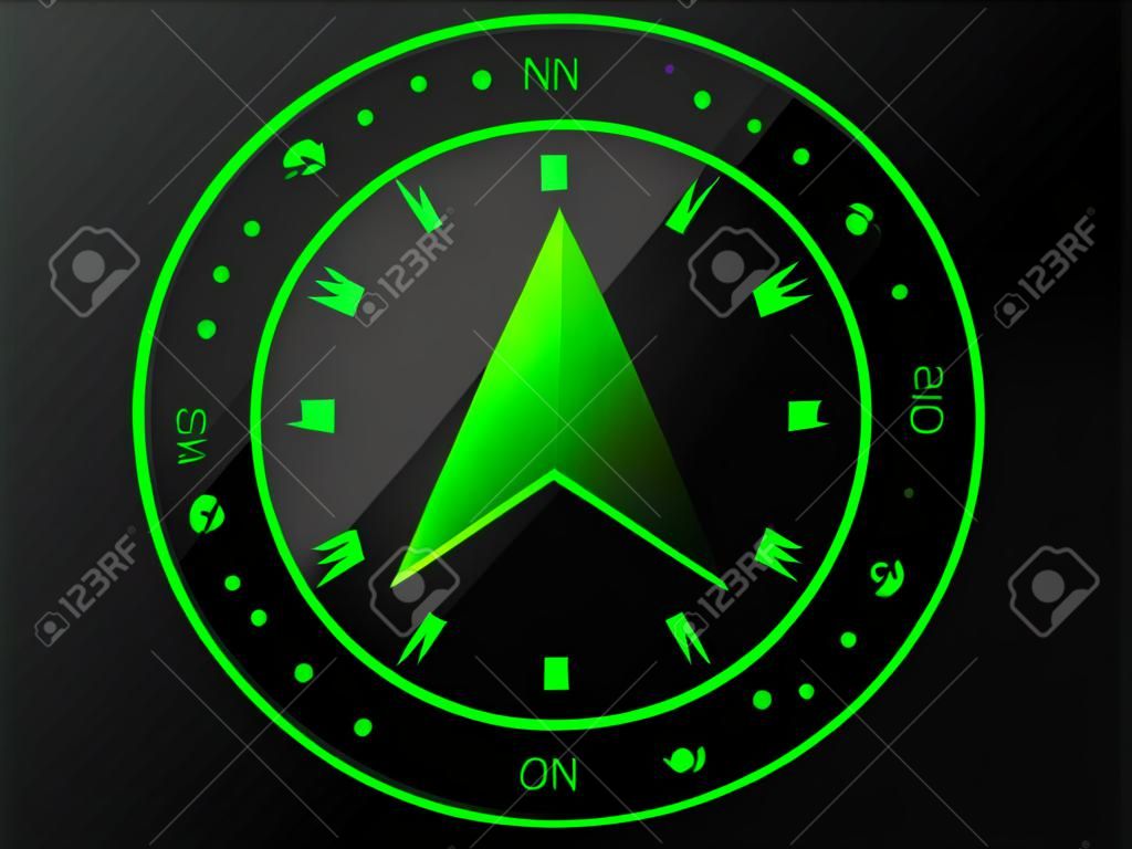 Streszczenie zielone kompas z 3 D strzałka wskaźnika w środku, samodzielnie na ciemnym tle