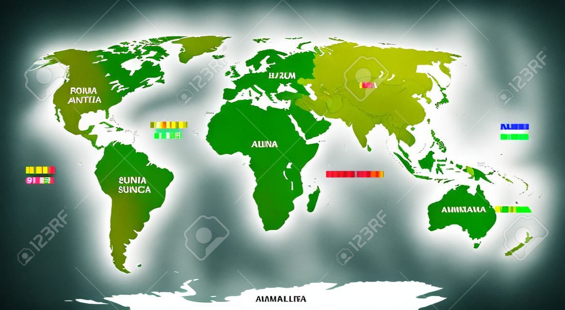 Mapa del mundo con los continentes resaltados en diferentes colores Todas las etiquetas están en la capa separada