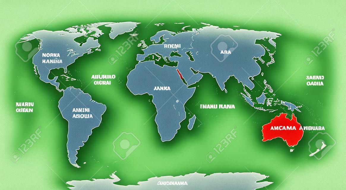 Mapa do mundo com continentes destacados em cores diferentes Todos os rótulos estão na camada separada