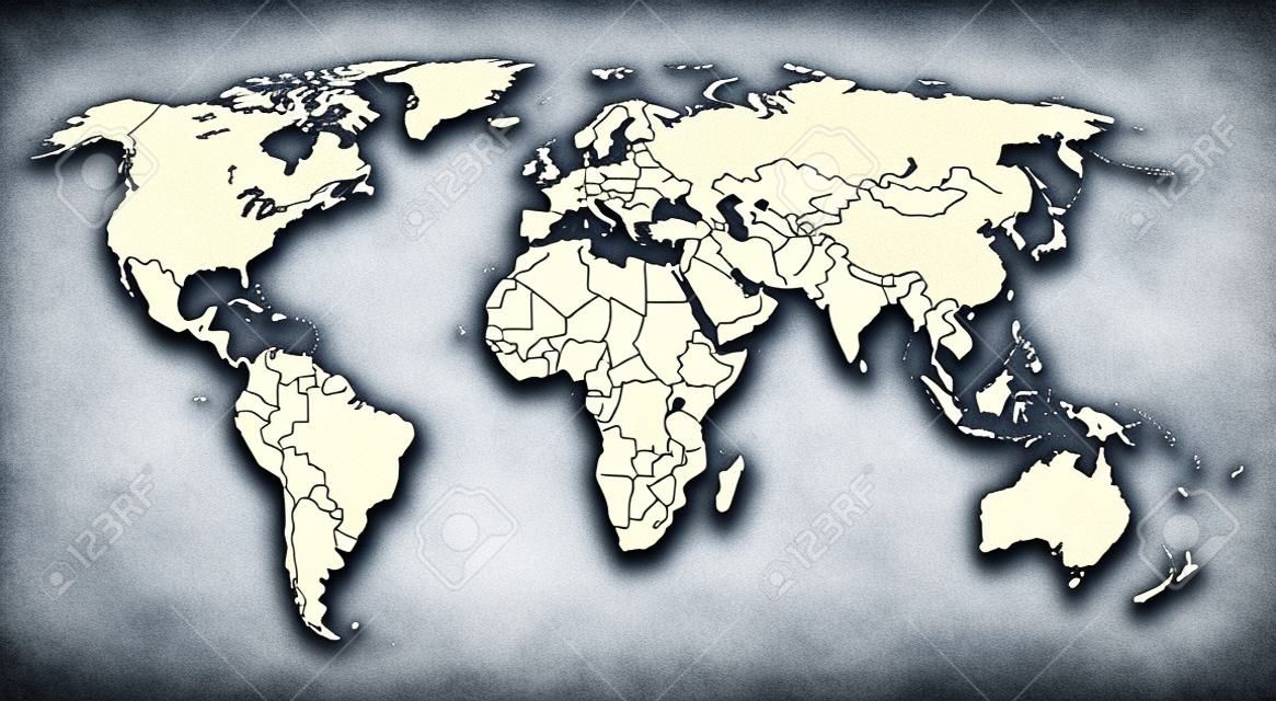 Mappa del mondo con i confini tra tutti i paesi di forma bianca, isolato su blu, confini sono in Paesi rosse non sono selezionabili individualmente