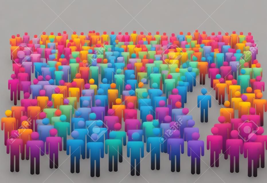 One colorful individual person stands out from large diverse crowd of gray symbol people.