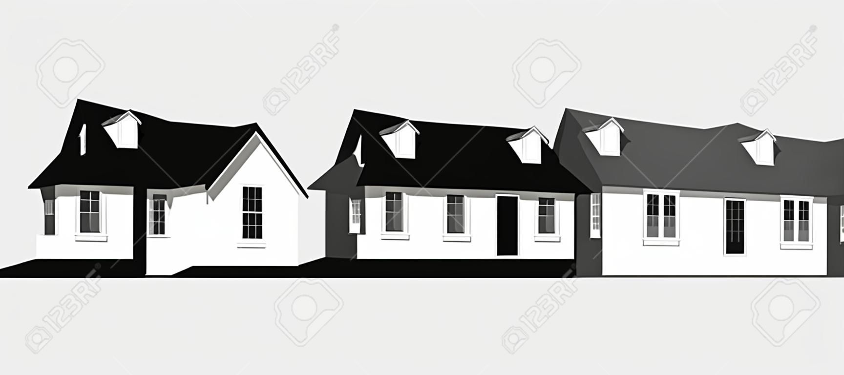 House symbol border. A row of homes with 2 dormer windows for sale, for real estate, construction, architecture, home repair designs.