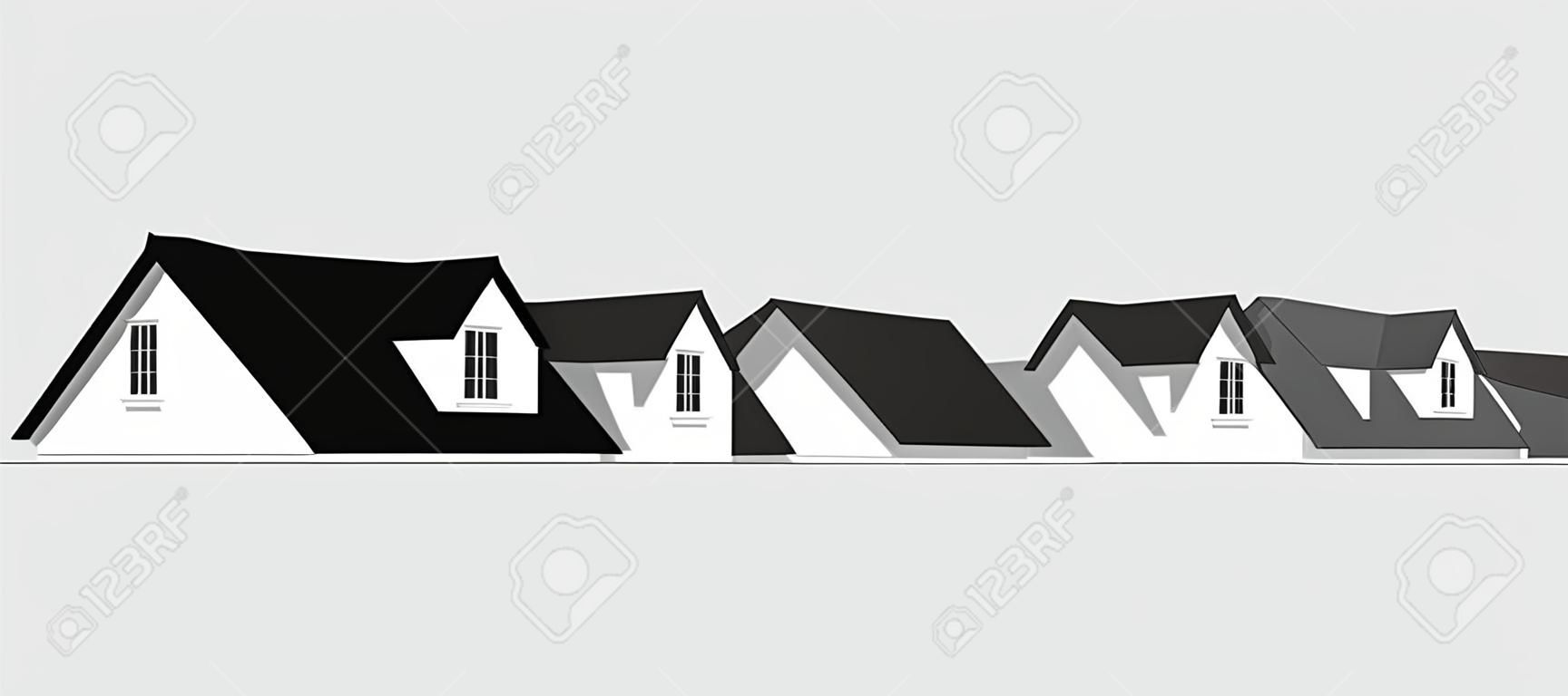 Haus-Symbol Grenze. Eine Reihe von Häusern mit 2 Dachgauben zu verkaufen, für Immobilien, Bau, Architektur, Design zu Hause reparieren.