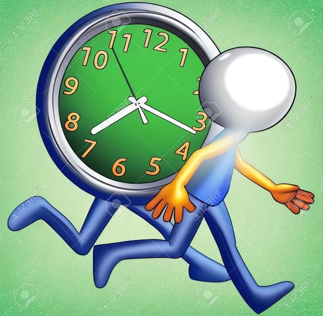 Een cartoon persoon runt een race tegen een klok op een drukke dag