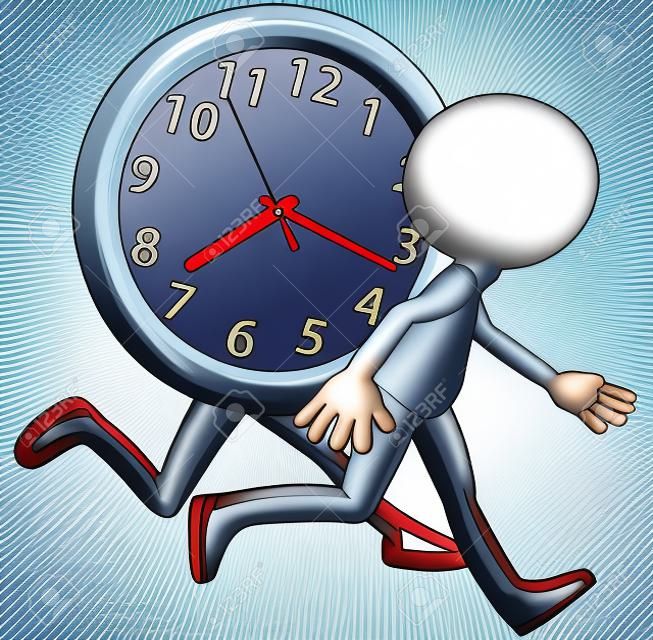 Een cartoon persoon runt een race tegen een klok op een drukke dag