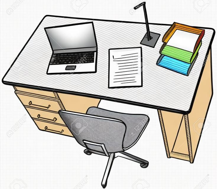 整潔的桌面環境與空白紙的copyspace筆記本電腦報告辦公椅線描