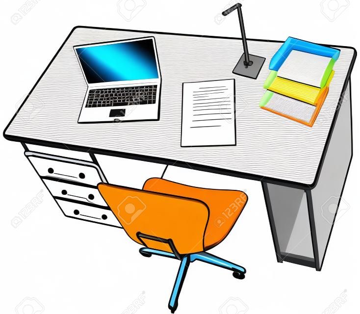Vonalas rajz szép asztali jelenet üres copyspace papír jelentést laptop irodai szék