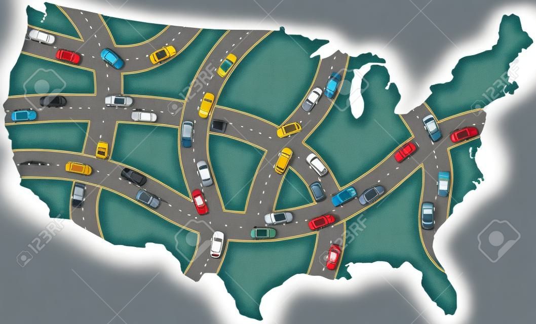 Many cars drive USA roads on travel transportation map of America