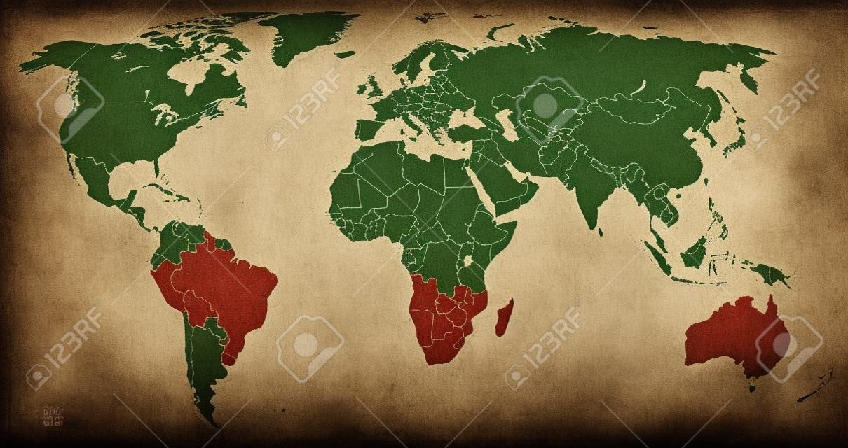 surinam flag on old vintage world map with national borders
