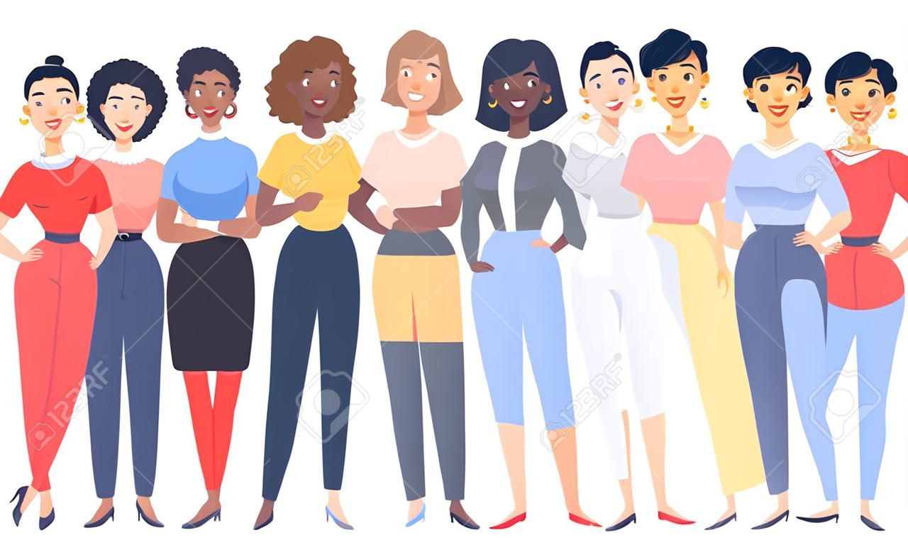 Set of a group of different women. Cartoon style characters of different races. Vector illustration caucasian, asian and african american people