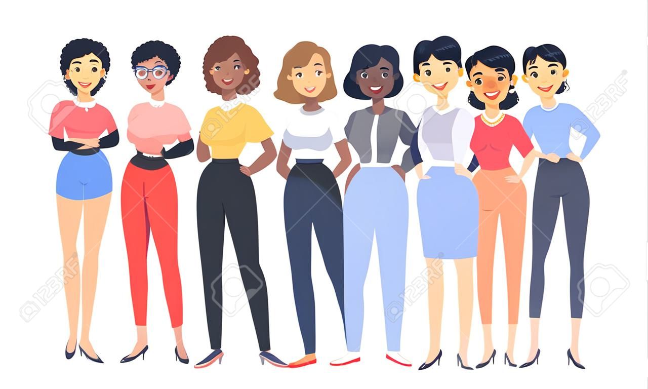 Satz einer Gruppe verschiedener Frauen. Zeichentrickfiguren verschiedener Rassen. Vektorillustration kaukasische, asiatische und afroamerikanische Leute