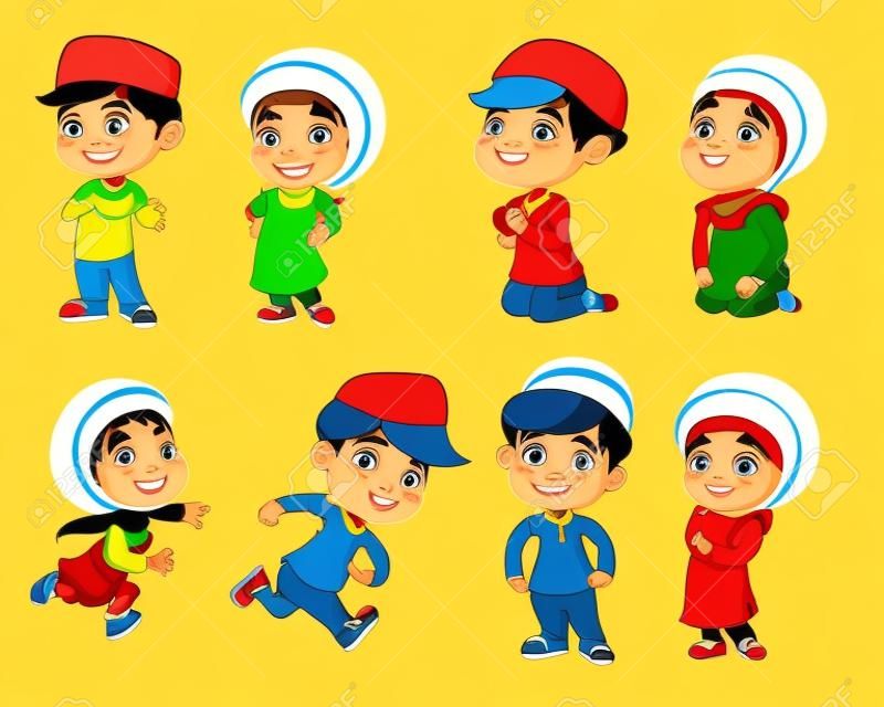 Set of kid muslim people doing activities.vector and illustration.