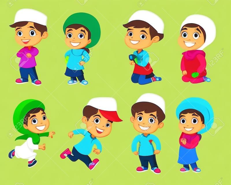 Conjunto de niños musulmanes haciendo actividades.vector e ilustración.