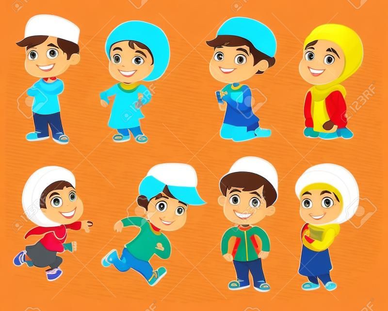 Conjunto de niños musulmanes haciendo actividades.vector e ilustración.