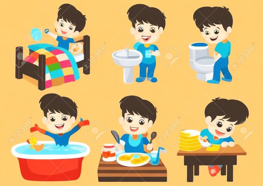 Conjunto de meninos cotidianos, rapaz acordado, escovando dentes, mijo de miúdo, tomando um banho, café da manhã, brinquedo de criança e ilustração.