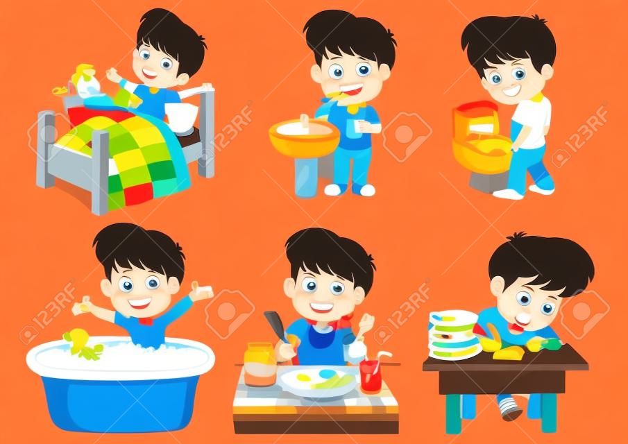 Conjunto de menino bonito diário, menino acordar, escovar os dentes, mijo de criança, tomando um banho, café da manhã, criança writhing.vector e ilustração.