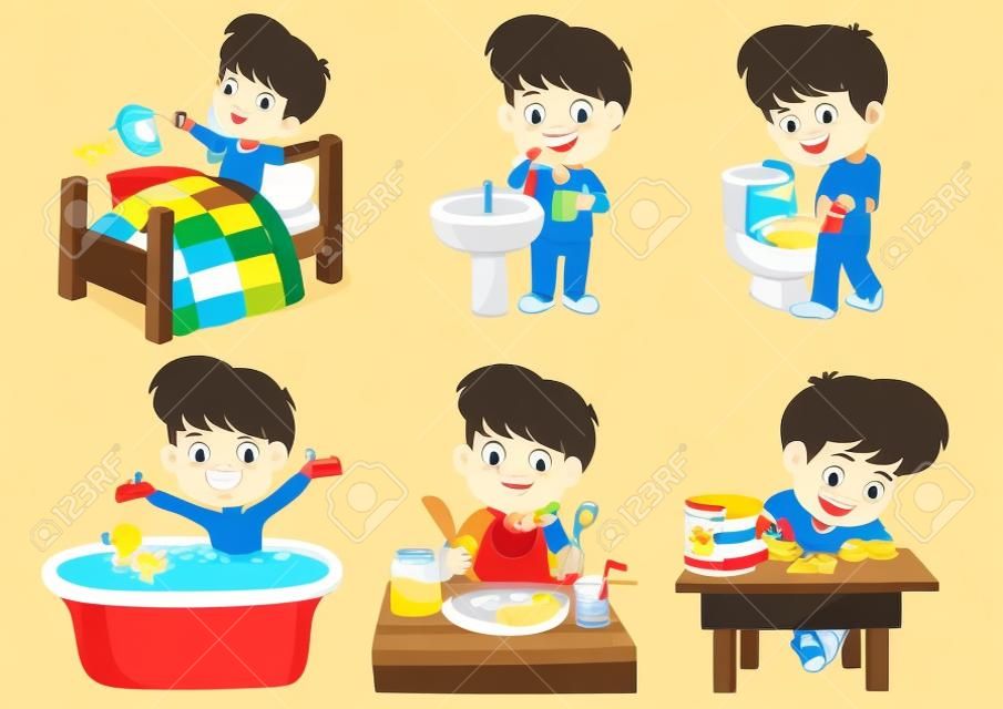 Set of daily cute boy,boy wake up,brushing teeth,kid pee,taking a bath,breakfast,kid writhing.vector and illustration.