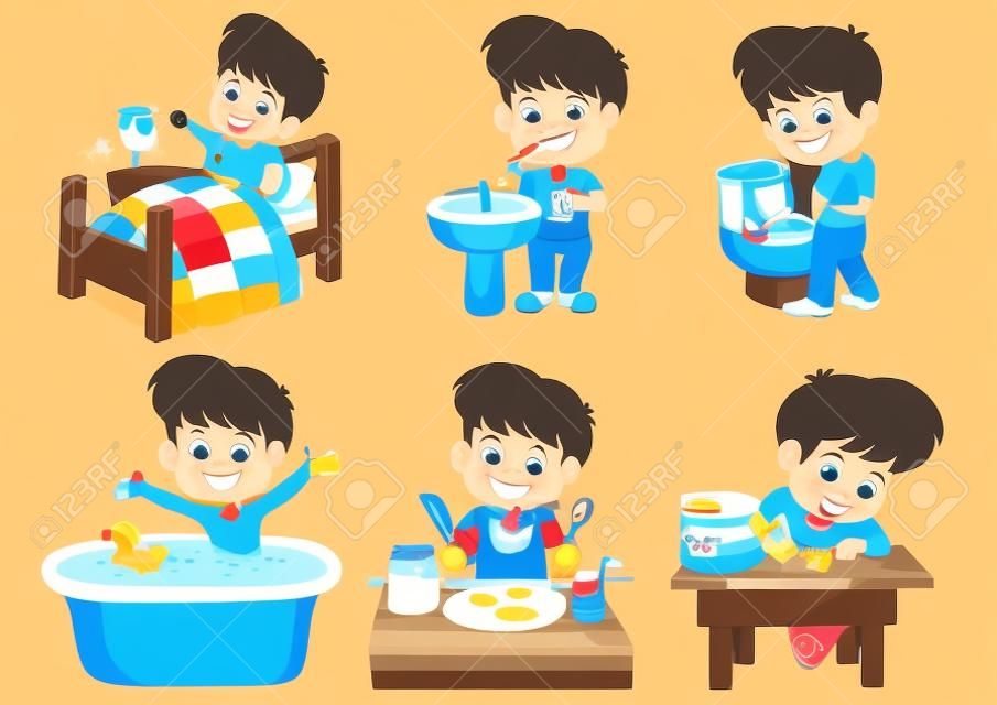 Conjunto de meninos cotidianos, rapaz acordado, escovando dentes, mijo de miúdo, tomando um banho, café da manhã, brinquedo de criança e ilustração.