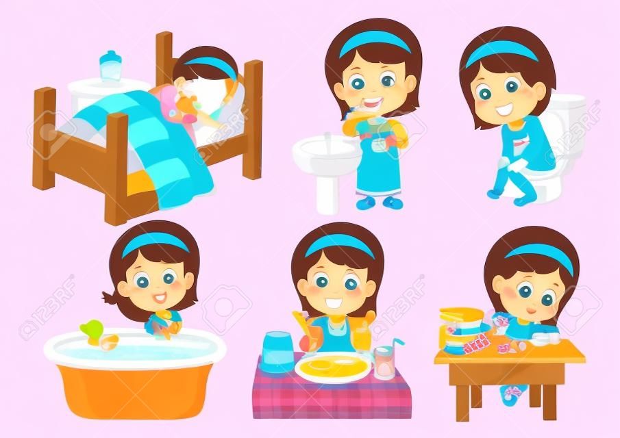 Conjunto de menina fofa diária, acordar, escovar os dentes, mijo de criança, tomando um banho, café da manhã, criança writhing.vector e ilustração.