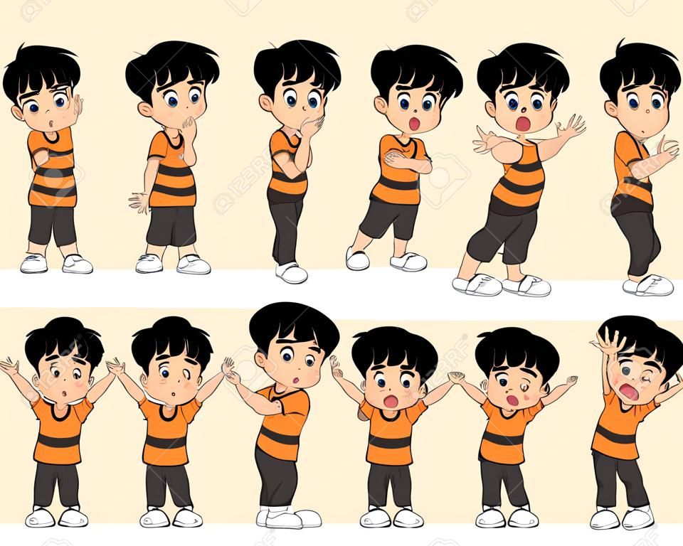 Conjunto de pose lindo muchacho que muestra diferentes emotions.Basic siete de emotion.Vector e ilustración.