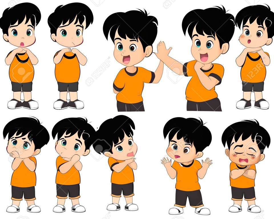 Conjunto de pose lindo muchacho que muestra diferentes emotions.Basic siete de emotion.Vector e ilustración.