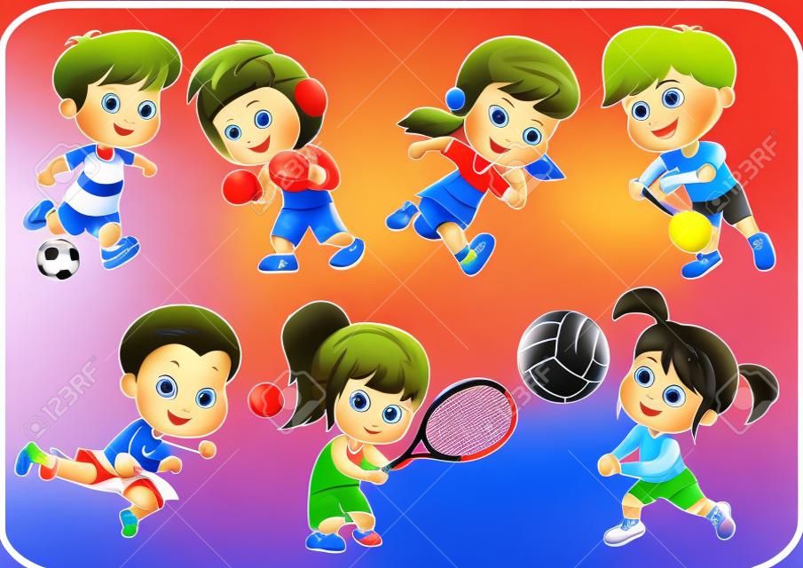 Children of various types of sports, such as soccer, boxing, running, badminton, taekwondo, play tennis, volleyball.Sports help make body strong and also build immunity for kids.